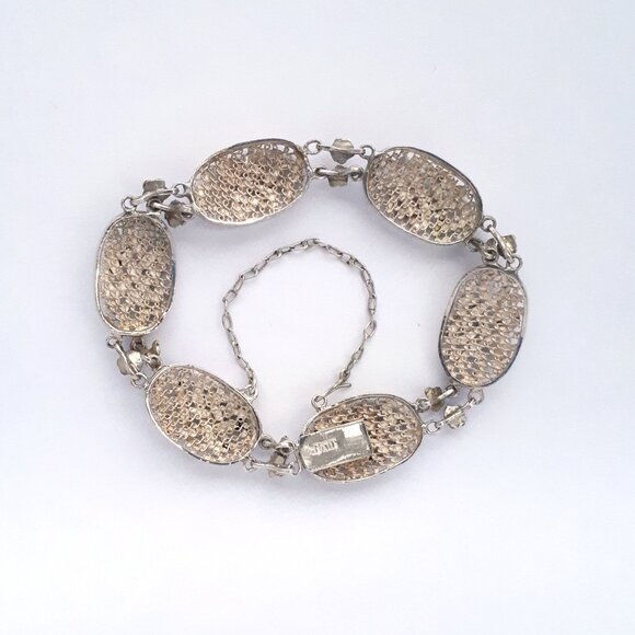 VINTAGE 925 Silver Filigree Lace Oval Link Bracelet with Black and Red Enamel - Picture 3 of 7